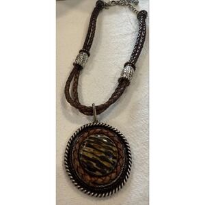 Braided Brown Leather Tiger Eye Stone Round Pendant Necklace Western Boho‎